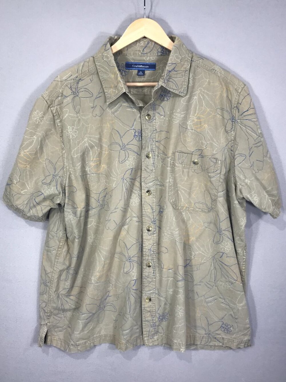 Croft & Barrow Shirt Men's XL Brown Floral Hawaiian Button Down Short Sleeve Poc